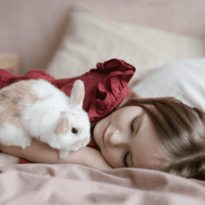 White rabbit with brown spots with a girl lying sideways
